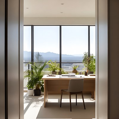 Modern Office Desk with Mountain View