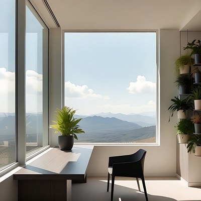 Modern Desk with Mountain View Window