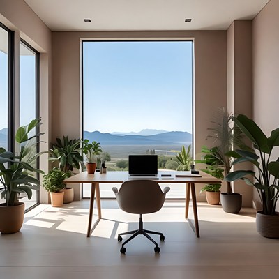 Modern Office Desk with Mountain View