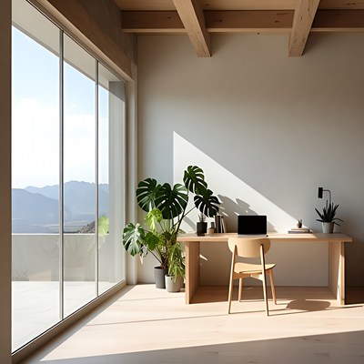 Modern Wooden Desk with Mountain View
