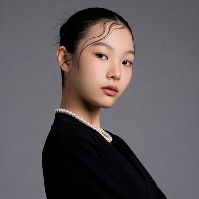 Asian woman in black suit with pearl necklace