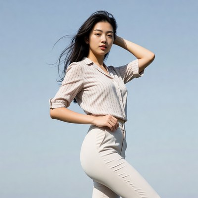Asian woman posing in beige outfit