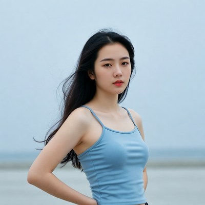 Asian woman in blue tank top beachside