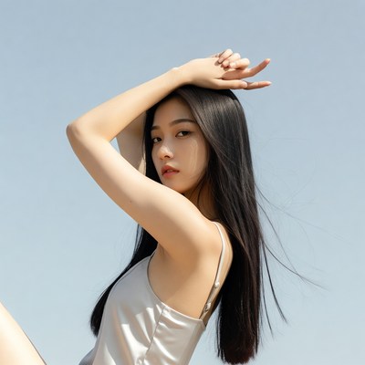 Asian woman posing with hand on head