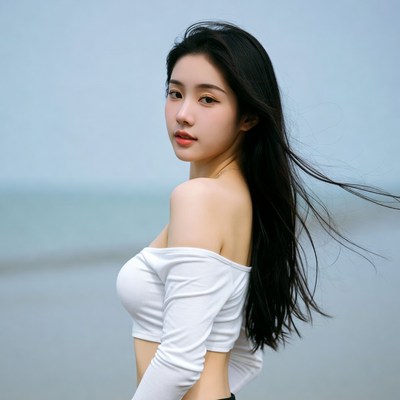 Asian woman in white off-shoulder top at beach