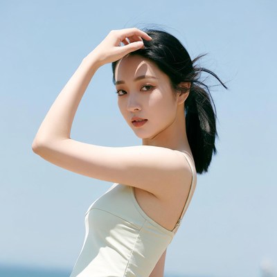 Asian woman shielding eyes outdoors