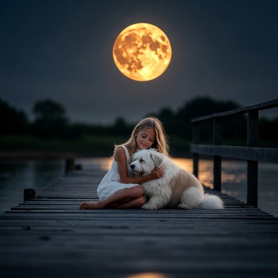 Girl hugging dog on moonlit pier