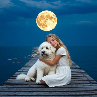 Girl hugging white dog on pier