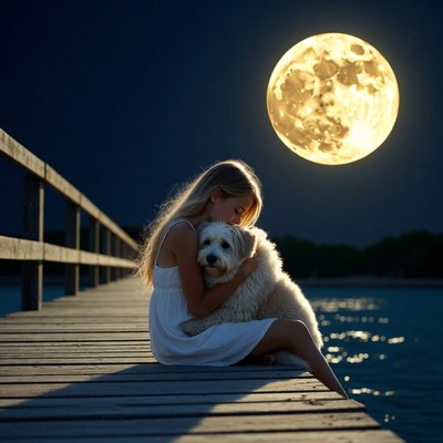 Girl hugging dog on moonlit pier