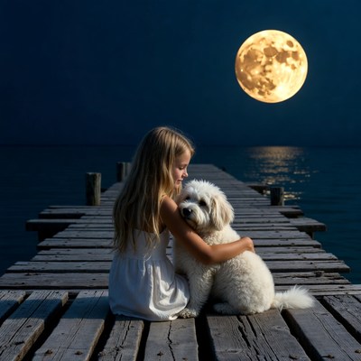 Girl hugging white dog on moonlit pier