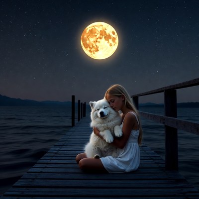 Blonde woman hugging Samoyed on pier