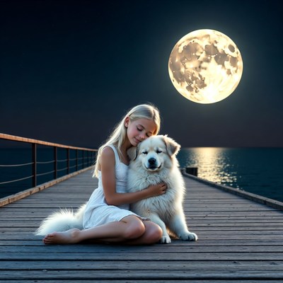 Girl hugging white dog on pier