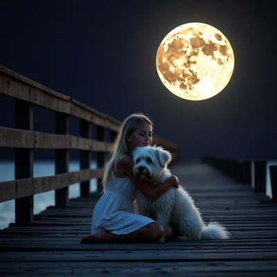 Girl hugging dog on moonlit pier