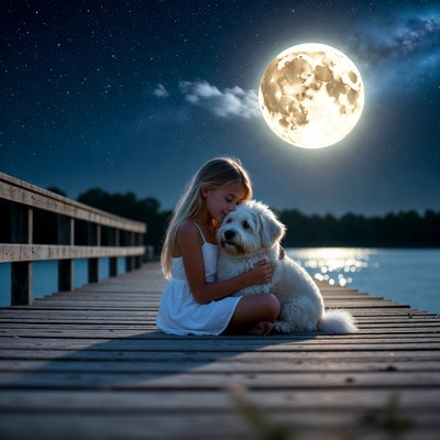 Girl hugging white dog on moonlit pier