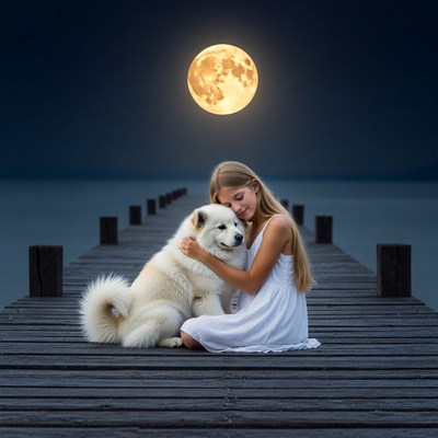 Girl hugging Samoyed dog on pier