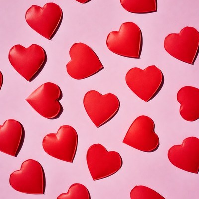 Red hearts scattered on pink background