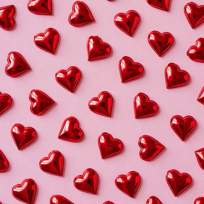 Shiny Red Hearts on Pink Background