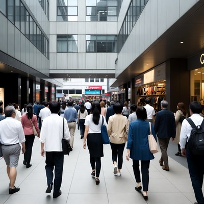 Crowd walking in modern urban shopping mall