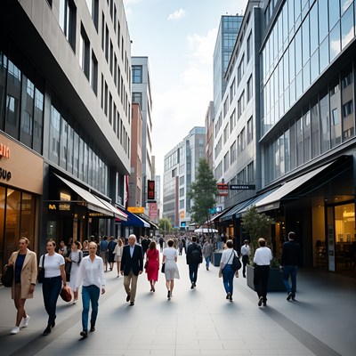 Crowd walking in modern city street