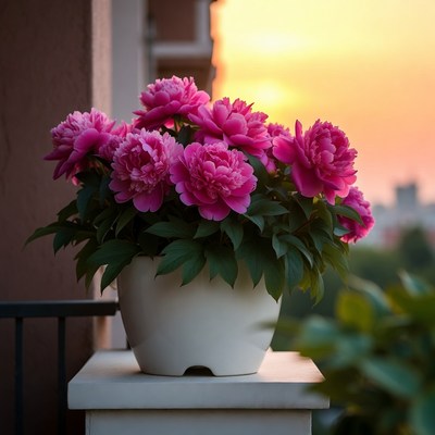 Pink Peonies in Pot at Sunset