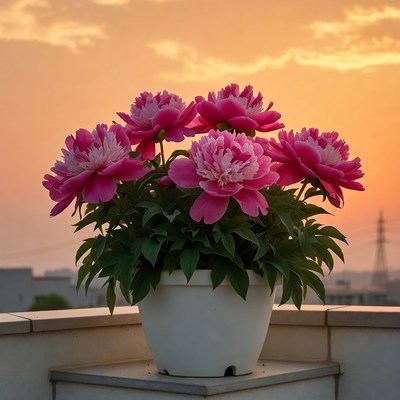 Pink peonies in pot at sunset