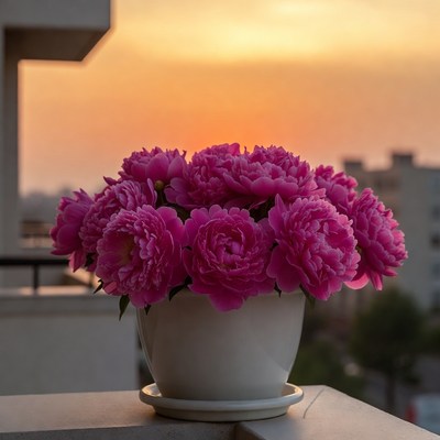 Pink Peonies in Pot at Sunset