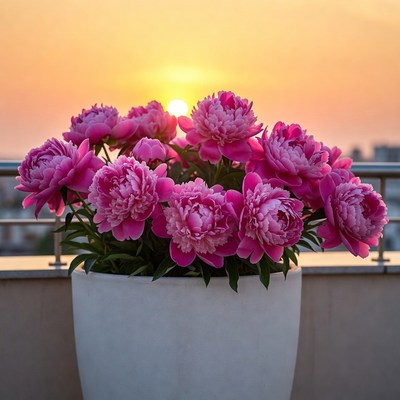 Pink Peonies in Pot at Sunset