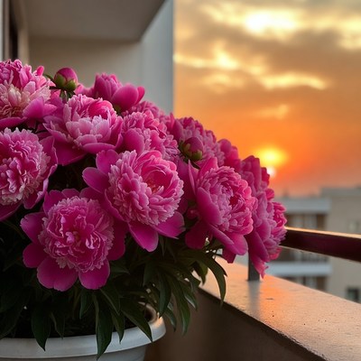 Pink peonies on balcony at sunset