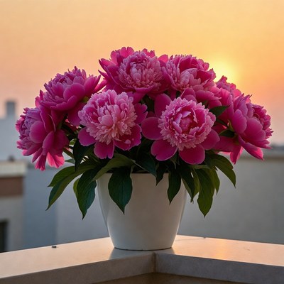 Pink Peonies in White Pot at Sunset