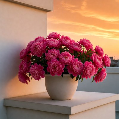 Pink peonies in pot at sunset