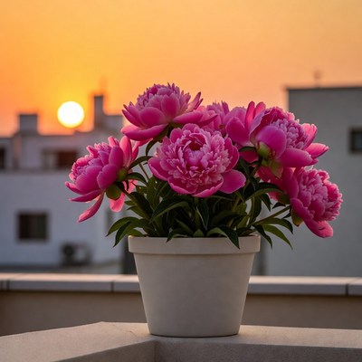 Pink Peonies in Pot at Sunset