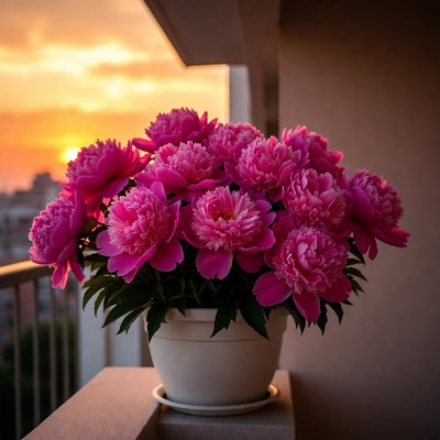Pink Peonies in Pot at Sunset