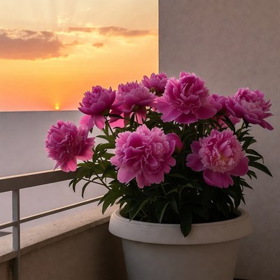 Pink Peonies in Pot at Sunset