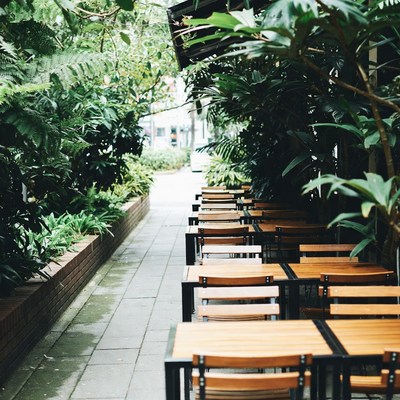 Outdoor Wooden Tables Lined in Greenery