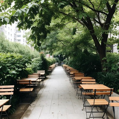 Row of Wooden Tables Under Green Trees