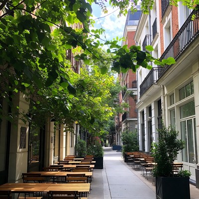Tree-Lined Street with Outdoor Wooden Tables