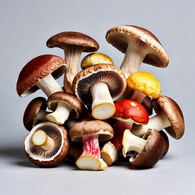 Colorful mushrooms on gray background