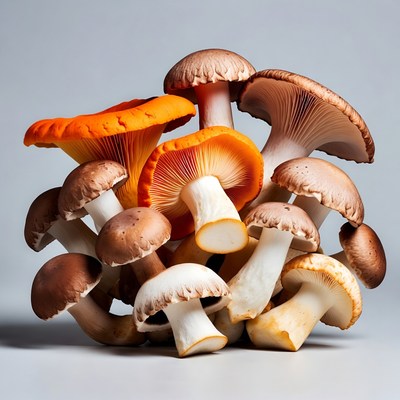 Colorful Mushrooms on Gray Background