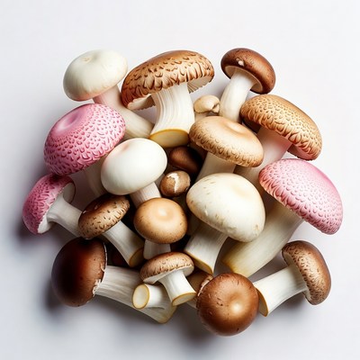 Colorful mushrooms pile on white background