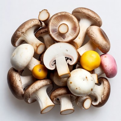 Fresh mushrooms pile on white background