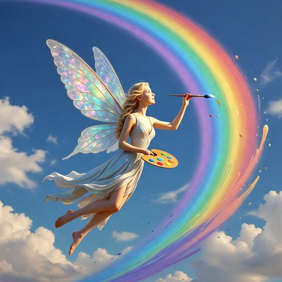 Fairy painting rainbow with brush