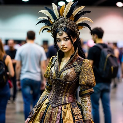 Woman in Feathered Headdress Cosplay at Convention