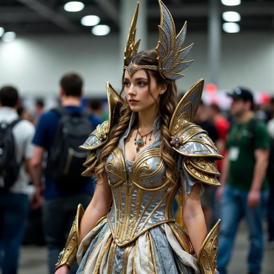 Woman in golden winged cosplay armor