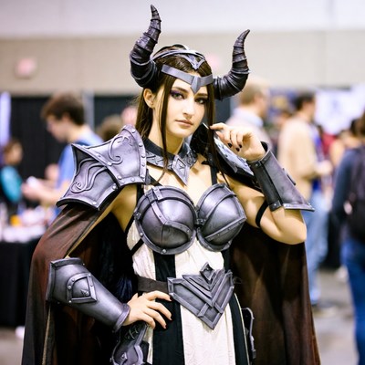 Woman in horned warrior cosplay