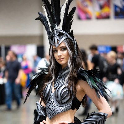 Woman in black feathered cosplay armor