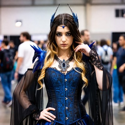 Woman in blue feathered cosplay costume