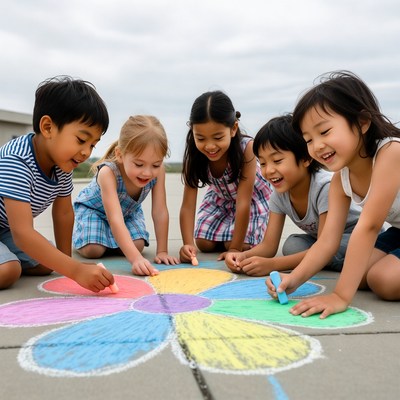 Children drawing giant flower with chalk