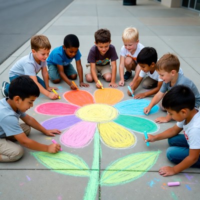 Children drawing giant flower with chalk