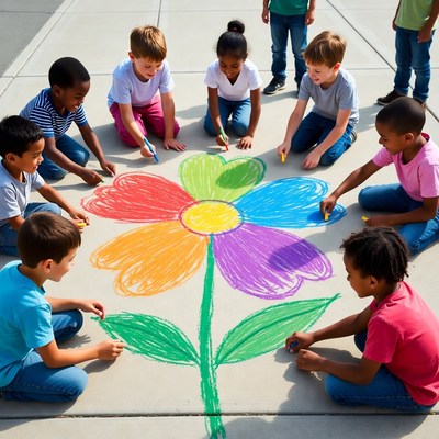 Children drawing giant flower on pavement