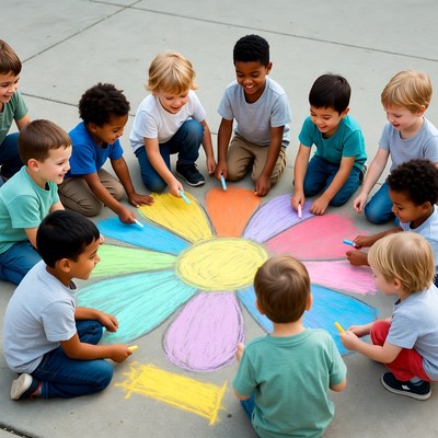 Diverse children drawing giant flower with chalk